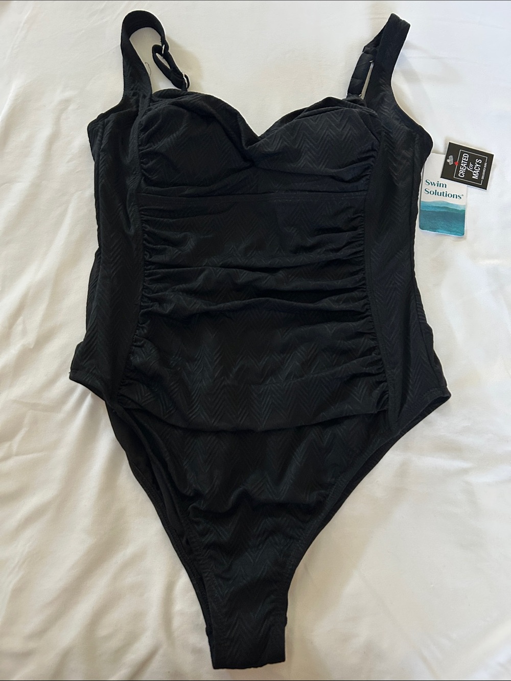 NWT Swim Solutions Black Textured Ruched Tummy Control One Piece - Size 12
